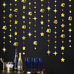 Gold 40th Birthday Decorations Number 40 Circle Dot Twinkle Star Garland Metallic Hanging Streamer Bunting Banner Backdrop for Women Mens 40 Year Old Birthday Forty Anniversary Party Supplies