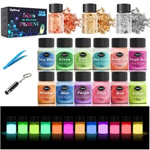 Glow in The Dark Pigment Mica Powder – 12 Colors Luminous Powder 20g/0.7oz and 3 Colors Gold Foil Flakes 2g, Epoxy Resin Color Dyes for Resin Art, Slime, Nail Art, Acrylic Paint and DIY Crafts