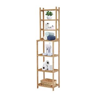 Kinbor Bamboo Bathroom Shelf, 7-Tier Adjustable Narrow Shelving Unit, Multifunctional Storage Rack, Removable Organizer Shelves for Bathroom, Living Room, Kitchen, Natural