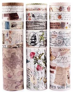 18 Rolls Vintage Washi Tape Set,75/30/15/10/5mm Wide Floral Map Stamp Letter Antique Retro Decorative Masking Tape Sets for Scrapbook, Craft,Kids,Scrapbooking Supplies