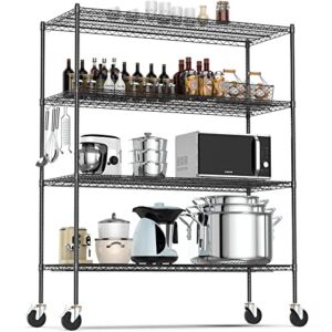 Raynesys NSF Heavy Duty Shelving Metal Shelves, 4 Tier Steel Wire Storage Rack, 60x24x72in Commercial Grade Adjustable Utility Shelf with 4″ Wheels, 2000Lbs Capacity for Garage, Kitchen, Matte Black