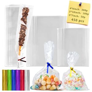 Labeol Cellophane Bags Christmas Treat Bags 450 PCS with Ties 3 Sizes 4×6 5×7 2×10 Cookie Bags for Packaging Pretzel Candy Gift Party Favor Clear Plastic Bags Goodie Bags