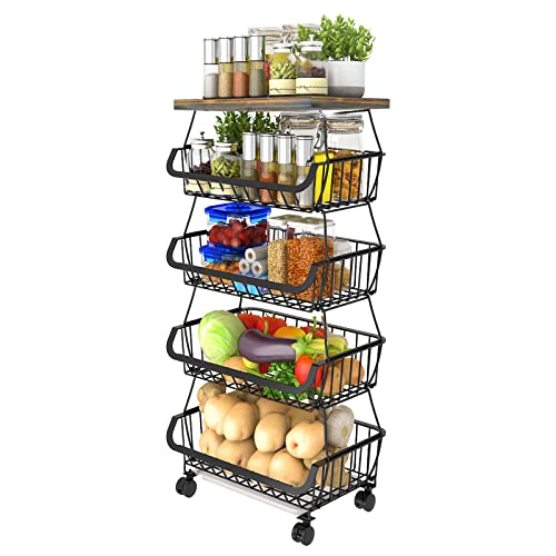 CHLORYARD Fruit Basket with Wooden Lid for Kitchen, 5-Tier Stackable Wire Fruit Vegetable Storage Basket Organizer Stand on Wheels, Produce Basket Potato Onion Storage Bins Rack Cart for Pantry, Black | The Storepaperoomates Retail Market - Fast Affordable Shopping