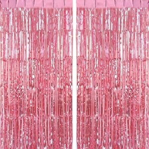 CHRORINE 2pcs 3ft x 8.3ft Pink Tinsel Foil Fringe Curtains Streamers Backdrop for Pink Party Birthday Wedding Bachelorette Baby Shower Bridal Shower Decorations