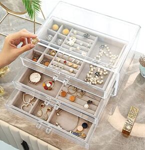 Cq acrylic Earring Jewelry Organizer with 3 Drawers Clear Acrylic Jewelry Box for Women,Stackable Velvet Earring Display Case Earrings Ring Bracelet Necklace Holder Gift for Women,Grey