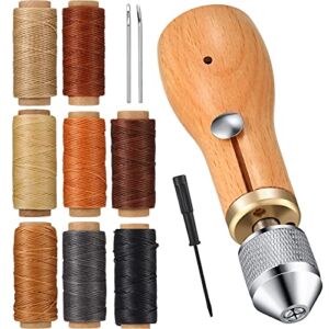 12 Pcs Sewing Awl Kit Portable Leather Sewing Awl Kit Including Handheld Sewing Repair Awl Straight and Bent Needles and 8 Rolls Waxed Threads with Small Screwdriver for DIY Craft