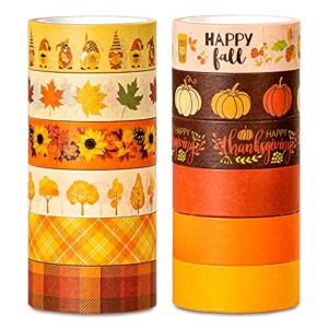 Whaline 12 Rolls Fall Washi Tape Orange Plaid Pumpkin Autumn Leaves Sunflower Patterned Masking Tape Decorative Tape for Fall Thanksgiving Scrapbook Journal DIY Craft Gift Wrapping, 0.6 Inch