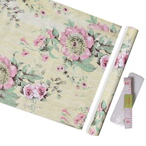 Self Adhesive Vinyl Decorative Floral Contact Paper with Wallpaper Smoothing Tool Kit – Peony Flower Shelf Liner Cabinets Dresser Drawer Liner Furniture Sticker Walls Crafts Decor 17.7″X117″