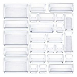 25 Pcs Drawer Organizer Set Dresser Desk Drawer Dividers – 4 Size Bathroom Vanity Cosmetic Makeup Trays – Multipurpose Clear Plastic Storage Bins for Jewelries, Kitchen Gadgets and Office Accessories