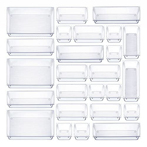 25 Pcs Drawer Organizer Set Dresser Desk Drawer Dividers – 4 Size Bathroom Vanity Cosmetic Makeup Trays – Multipurpose Clear Plastic Storage Bins for Jewelries, Kitchen Gadgets and Office Accessories | The Storepaperoomates Retail Market - Fast Affordable Shopping