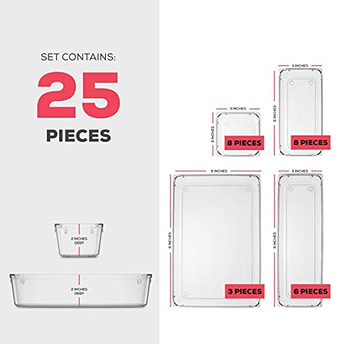 25 Pcs Drawer Organizer Set Dresser Desk Drawer Dividers – 4 Size Bathroom Vanity Cosmetic Makeup Trays – Multipurpose Clear Plastic Storage Bins for Jewelries, Kitchen Gadgets and Office Accessories | The Storepaperoomates Retail Market - Fast Affordable Shopping