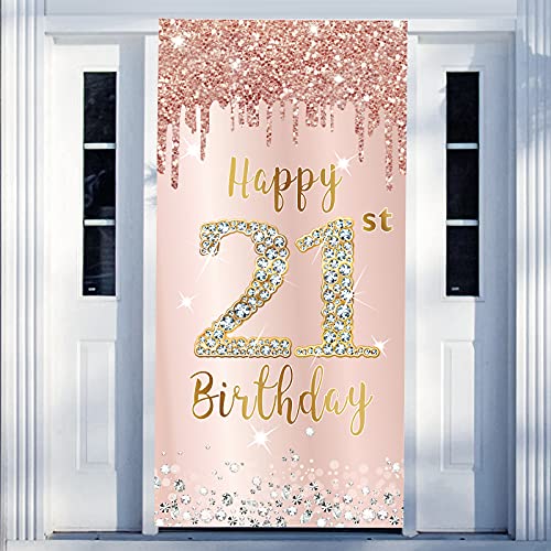 Happy 21st Birthday Door Banner Backdrop Decorations for Women, Pink Rose Gold 21 Birthday Party Door Cover Sign Supplies, 21 Year Old Birthday Poster Background Photo Booth Props Decor | The Storepaperoomates Retail Market - Fast Affordable Shopping