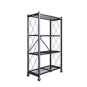 MSSOHKAN 4-Shelf Shelving Unit Heavy Duty Foldable Metal Shelves Rolling Utility Cart Collapsible Wire Shelving Storage Rack for Kitchen Living Room Bathroom Laundry Room Dressers Black