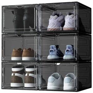 iBune 6 Pack Drop Front Shoe Storage Boxes, Clear Plastic Shoe Organizer for Closet, Easy Assembly, Stackable Foldable Shoe Containers for Display Sneakers Boots, Fit US Size up to 12, Black