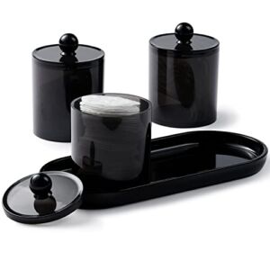 Qtip Holder Bathroom Set with Tray(4PCS) – 3 Pack of 15oz Acrylic Plastic Apothecary Jars Qtip Dispenser Canister with Lid and Labels, 1 Pack Bathroom Vanity Tray, for Cotton Ball, Cotton Swab (Black)