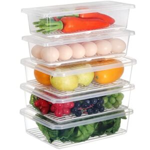 Frcctre Set of 5 Fridge Produce Saver Food Storage Containers Stackable Refrigerator Organizer Bins with Removable Drain Plate and Lid to Keep Produce Fruits Vegetables Meat Egg Fish, 2 Sizes