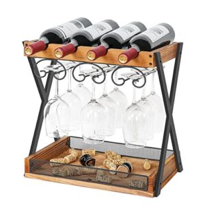 Wine Racks Countertop, Tabletop Wine Rack with Glasses Holder, Wooden Wine Bottle Holder, Freestanding Wine Storage Shelf for Kitchen, Living Room, Wine Cellar, Bar(Hold 4 Bottles and 9 Glasses)