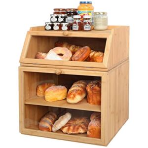 X-cosrack Large Double Separable Bamboo Bread Box Storage with Clear Window and Adjustable Compartment for Kitchen Countertop,Natural