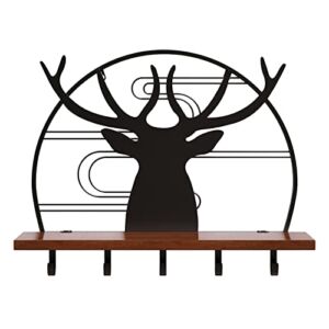 MOXIFUN Deer Wall Mounted Floating Shelf, Metal Deer Rustic Solid Pine Wood Wall Shelves with Coat Hooks (Brown)