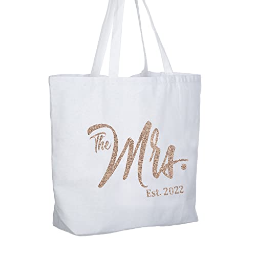 ElegantPark Future The Mrs. EST. 2022 Personalized Bride Tote Wedding Bachelorette Bridal Shower Gifts Large Shoulder Bag White with Champagne Glitter | The Storepaperoomates Retail Market - Fast Affordable Shopping