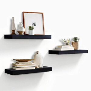 ROSE BLOOM Black Wall Shelf, Wall Mounted Floating Shelves with Invisible Metal Brackets for Bedroom Office Kitchen Living Room, Set of 3