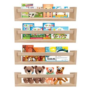 BIROLA Nursery Book Shelves Set of 4,Wood Floating Nursery Shelves for Wall,Wall Bookshelves for Kids，Bathroom Decor, Kitchen Spice Rack (Set of 4)