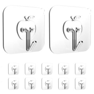 NileHome Adhesive Hooks for Hanging 12 Packs Heavy Duty Wall Hooks Reusable Removable Waterproof Bathroom Hooks Transparent Sticky Hooks for Kitchen Glass Door
