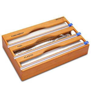 CRAKTH Bamboo Plastic Wrap Dispenser with Cutter, 3 in 1 Storage Organizer for Aluminum Foil & Cling Film & Parchment Paper