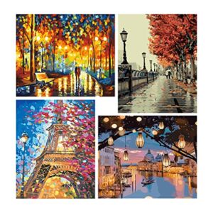 Paint by Number for Adults, 4 Pieces Paint by Numbers for Adults Beginner Drawing Paintwork with Paintbrushes Cityscape Paint Canvas Oil Painting 12X16inch