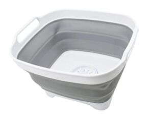 SAMMART 7.5L (2 Gallons) Collapsible Dishpan with Draining Plug – Foldable Washing Basin – Portable Dish Washing Tub – Space Saving Kitchen Storage Tray (White/Grey, 1)
