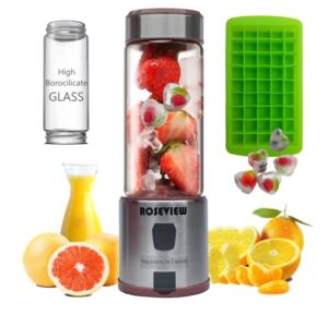 ROSEVIEW Portable Smoothie blender Glass bottle High Borosilicate Heat resist Mini rechargeable Handheld Ice crushing Shakes Cup USB juicer Cordless Personal smoothies maker Fruit mixer Juice sport travel healthy smoothy (Rosewood)