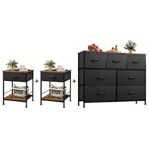 WLIVE 1-Drawer Nightstand and 7-Drawer Dresser Set, Fabric Storage Tower for Bedroom, Hallway, Nursery, Closets, Tall Chest Organizer Unit with Textured Print Fabric Bins, Steel Frame
