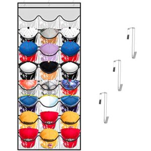 Baseball Hat Rack kingdalux 24 Pocket for Wall or Over the Door Cap Organizer with Clear Deep Pockets, for Hat Storage & Ballcap Caps Display Holder, Complete with Over Door Hooks