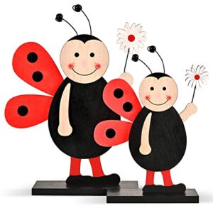 JINNSEIYOI Ladybug Spring Decorations for Home, 2 Pack cute Ladybugs Wood Figurines Statue Ornaments with Child Shape Design, Country Garden Outdoor Indoor Table Top Decor, Handmade Gifts for Boys Girls Bedroom or Nursery Decor