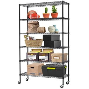 6-Tier Storage Shelf, Wire Shelving Unit NSF Certified Storage Rack 48″ W x 18″ D x 82″ H 2100Lbs Capacity Adjustable Layer Heavy Duty Metal Rack Steel with Casters for Kitchen Garage Pantry Black
