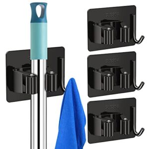4 Pack Mop Broom Holder Wall Mount, Vayugo Mop Holder Self Adhesive Hanger Wall Mounted, Heavy Duty Stainless Steel Broom Storage Rack with Hooks for Home Garage Laundry Garden, Black