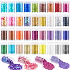 36 Pcs Fine and Chunky Glitter for Resin, Audab Fine Glitter Powder Assorted Holographic Resin Glitter Nail Sequins for Hair, Makeup, Slime, Resin Tumblers, Resin Molds