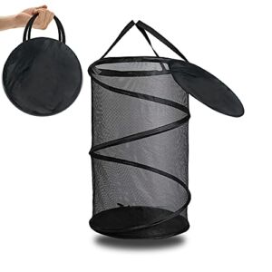 Collapsible Mesh Popup Laundry Hamper, Foldable Dirty Clothes Basket w/ Strong Carry Handles/Solid Bottom/High Carbon Steel Frame/Storage Bag, Great for Kids Room/College Dorm/Travel, Round, Black