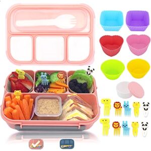 HappyRhino Bento Lunch Box for Kids Adult,4 Compartment Bento Box Adult Lunch Box Containers,Kids Lunch Box with Fun Accessories Silicone Food Cake Cups, Cute Food Picks for Kids,Easy to Clean (PINK)