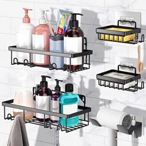 PUKOKAL Shower Caddy 5 Pack Shelf with Hooks Storage Rack Organizer, Stainless Steel Adhesive Caddy Shelves No Drilling with Hairdryer Holder Soap for Bathroom, Restroom, Kitchen (Matte Black)