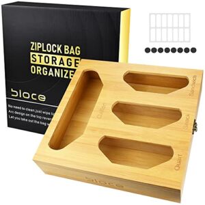 BLOCE Ziplock Bag Storage Organizer, Bamboo Kitchen Food Storage Bag Organizer Holders with Label, Baggie Organizer Compatible with Gallon Quart Sandwich Ziploc Hefty Glad Solimo and More