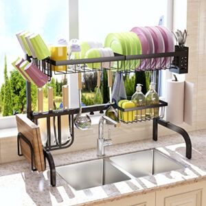 Over The Sink Dish Drying Rack, HERJOY 2 Tier Length Adjustable(25.5″-33.5″) Dish Rack with Utensil Holder, Large Dish Drainer for Kitchen Counter Storage Organizer with 5 Utility Hooks, Black