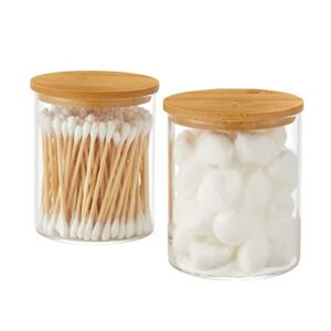 INIUNIK Glass Qtip Holder Dispenser with Bamboo Lid 2 Pack Apothecary Jars Cotton Balls Pads Swabs Holder Jar Bathroom Vanity Canisters Jars for Countertop Storage and Organization