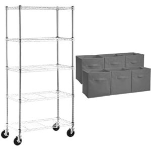 Amazon Basics 5-Shelf Adjustable, Heavy Duty Storage Shelving Unit on 4” Wheel Casters, Metal Organizer Wire Rack, Chrome & Collapsible Fabric Storage Cubes Organizer with Handles, Gray – Pack of 6