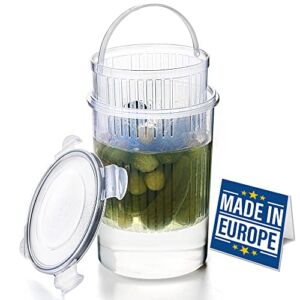 Crystalia Pickle Jar with Strainer Insert, Deli Food Storage Container, Pickle Holder Keeper Lifter, Bucket of Pickles, Barrel of Olive Jalapeno, Large Flip Jar with Leak Proof and Lock It Lid (Gray)