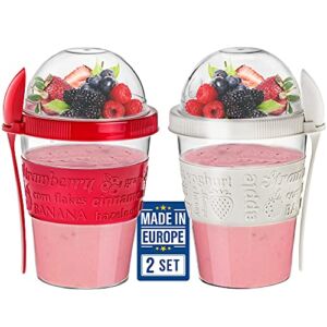 CRYSTALIA Yogurt Parfait Cups with Lids, Breakfast On the Go Plastic Bowls with Topping Cereal Oatmeal or Fruit Container, Snack Cup and Spoon for Lunch Box, Portable & Reusable, 2PCs (Red and Cream)