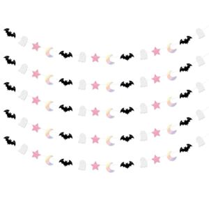 5 Pcs Halloween Moon Bat Ghost Star Garland Pink Black Halloween Garland for Pink and Black Kids’ Halloween Party Supplies Decorations