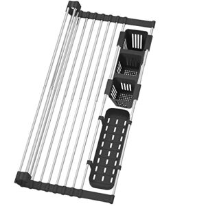 BBXTYLY Black Expandable Roll Up Dish Drying Rack Up to 22.8”with 2 Storage Baskets,Over The Sink Kitchen Rolling up Dish Drainer Dish Drying Rack in Sink, Foldable,Rollable,for Kitchen Dishes,Cups