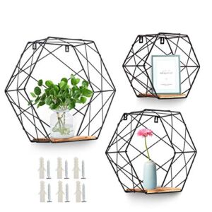 Hoofaway Set of 3 Hexagonal Floating Shelves Wall Mounted Modern Metal Decorative Wall Shelf Rustic Wood Farmhouse Storage Shelvesfor Wall for Bedroom Living Room Bathroom Kitchen and Office Black