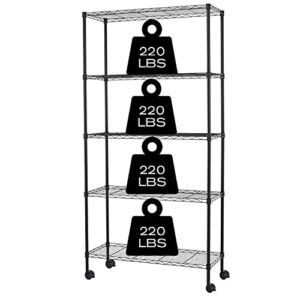 5-Tier Shelving Unit Storage Shelves with Wheels Heavy Duty Metal Storage Rack NSF Height Adjustable for Laundry Bathroom Kitchen Garage Pantry Organization -60″x30″x14″(Black)